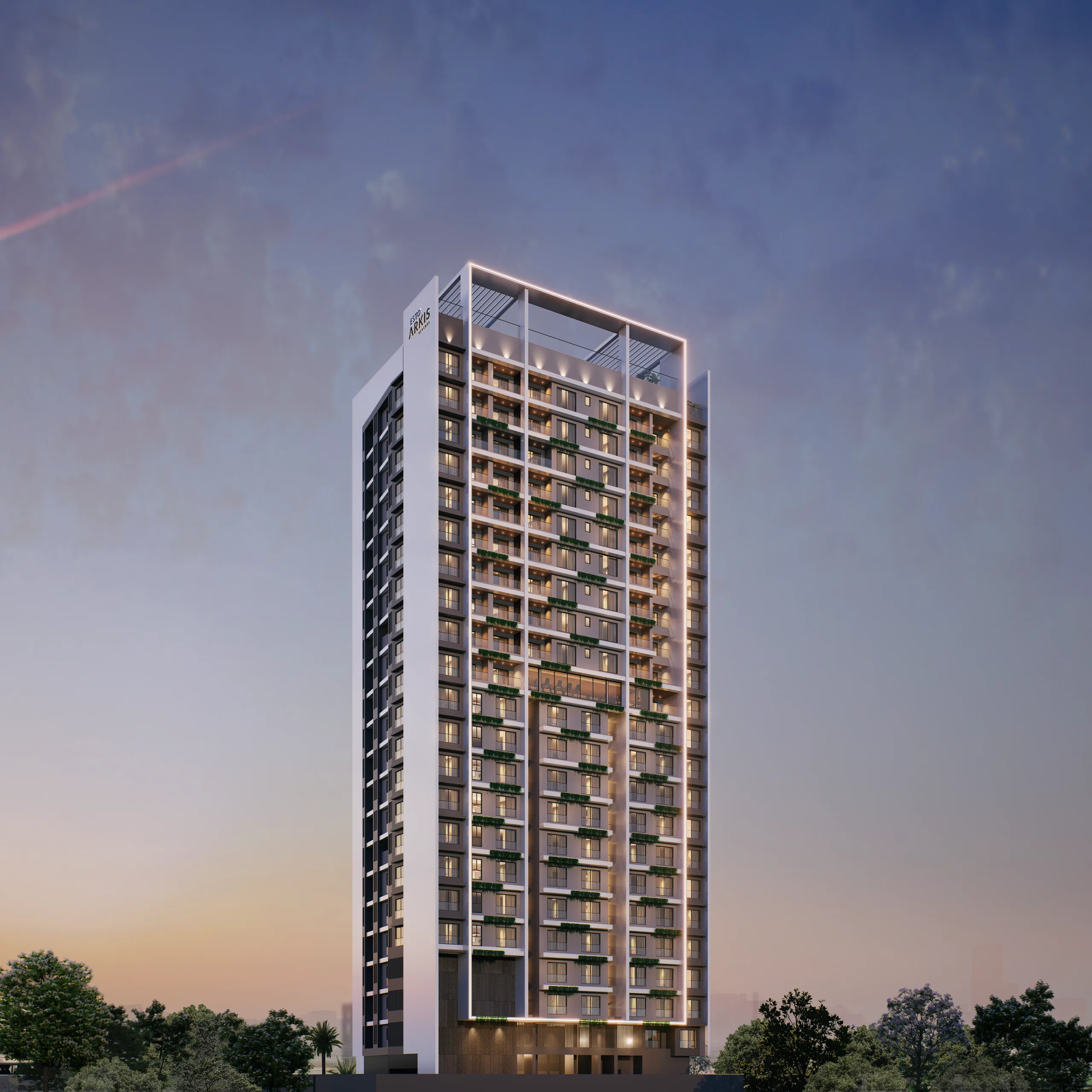 ESTO Arkis tower at dusk, Versova